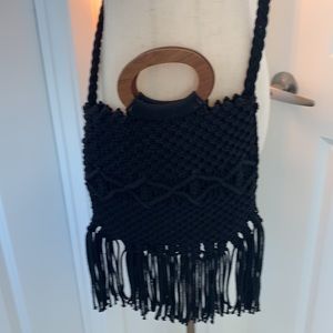 Black Bohemian Purse with Wood Handle